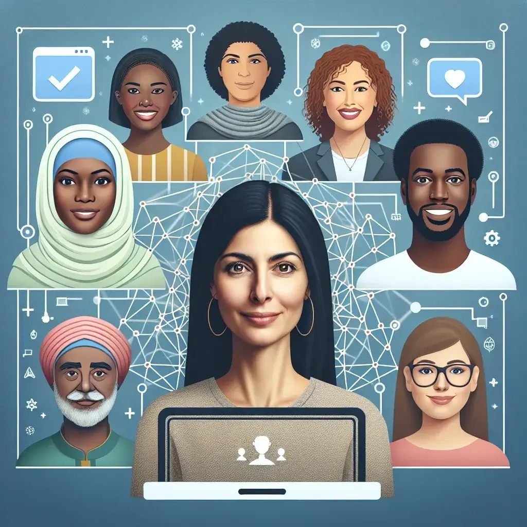 "Team collaborating on diversity, equity, and inclusion (DEI) initiatives using innovative software solutions, showcasing diverse individuals engaged in a virtual meeting."