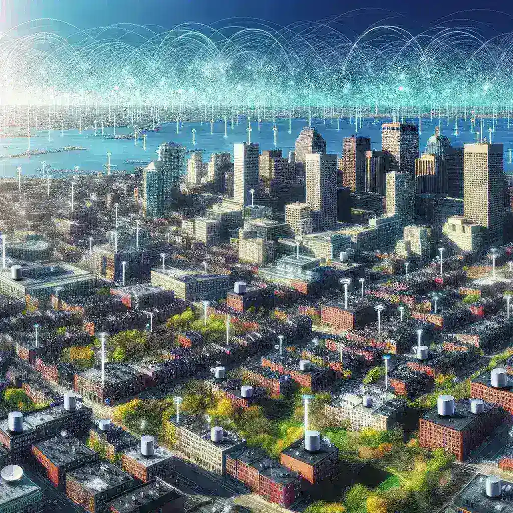 "Boston cityscape with air quality sensors installed on streetlights, showcasing the first citywide sensor network for air quality mapping in Boston."