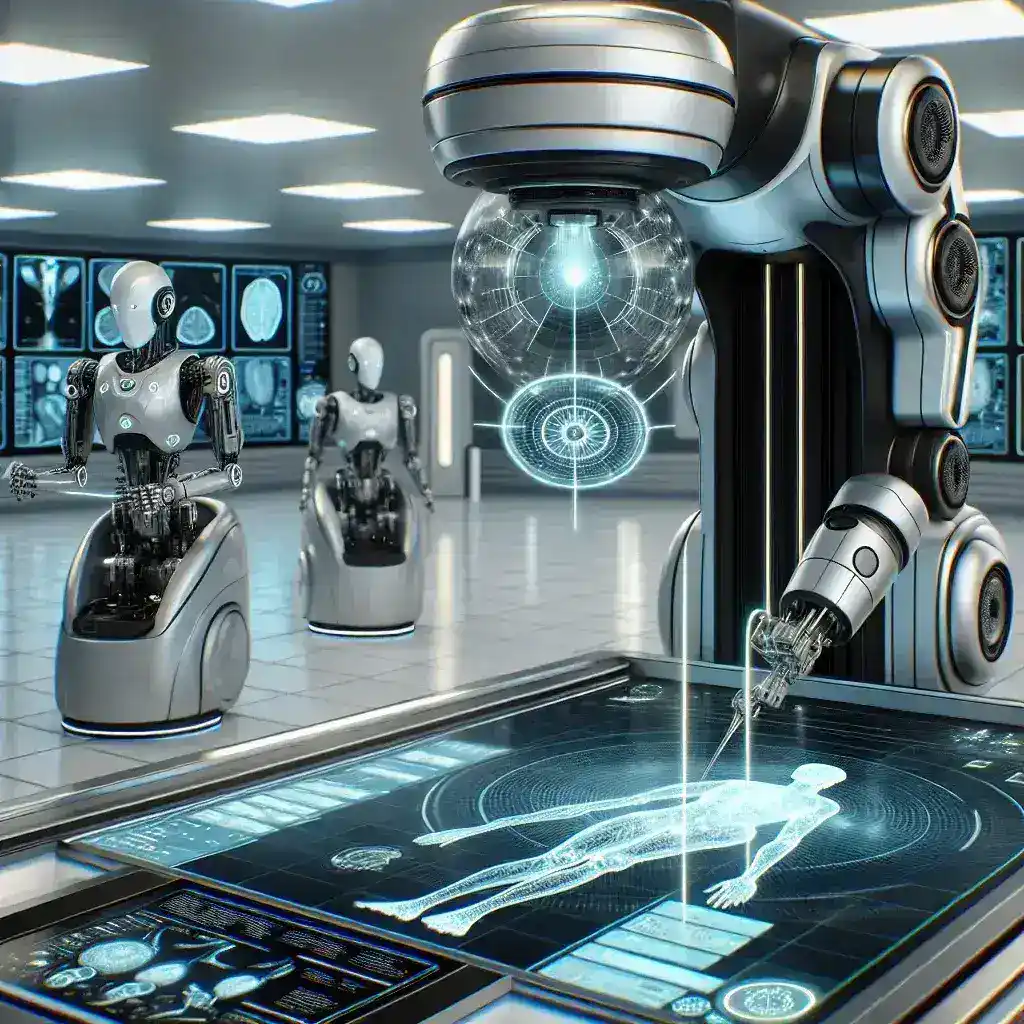"AI-powered robotic assistants enhancing precision radiotherapy treatment by targeting tumors accurately in a medical setting"